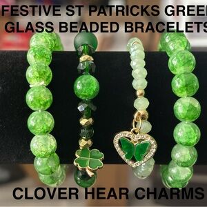 FESTIVE ST PATRICKS GLASS BEADED BRACELETS W/CLOVER & HEART CHARMS 4PC SET